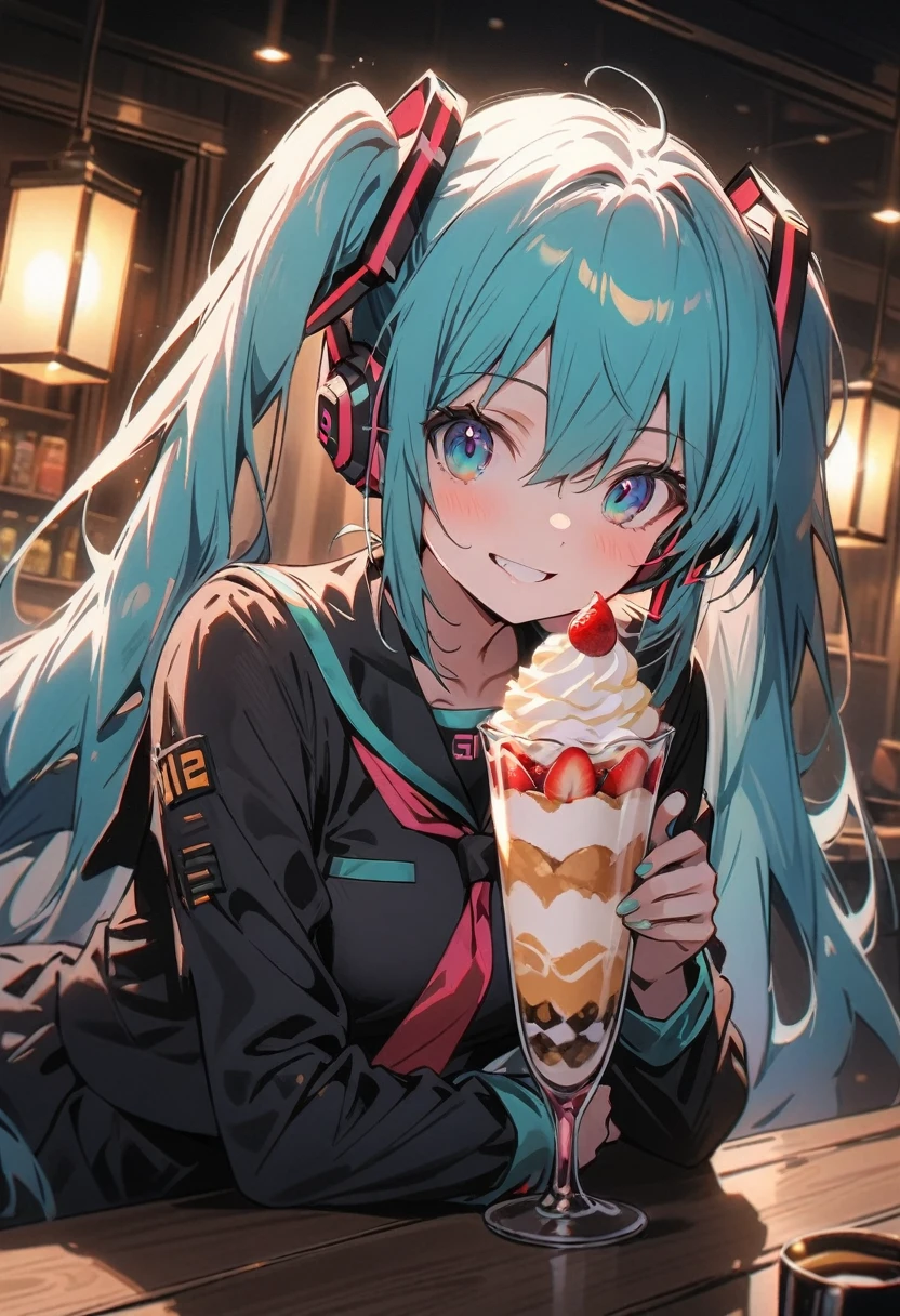 ((hatsune miku)), Frontal, inside a café with a classic atmosphere, eat a parfait, happy smile, black color sailor uniform, pale skin, tired face, 8k,wallpaper of extremely detailed CG unit, masterpiece,hight resolution,top-quality,top-quality real texture skin,hyper realisitic,increase the resolution,RAW photos,best qualtiy,highly detailed,the wallpaper,cinematic lighting,ray trace,golden ratio, long shot,