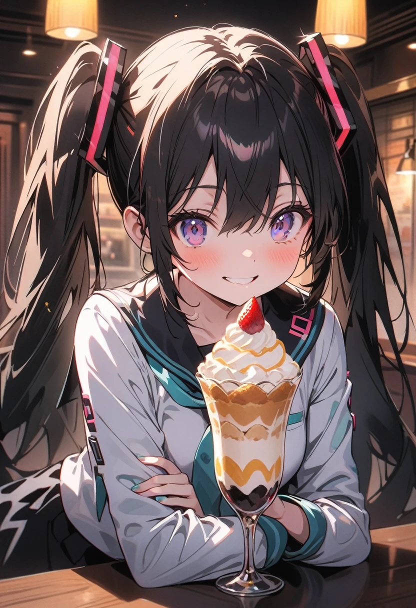 ((hatsune miku)), Frontal, inside a café with a classic atmosphere, eat a parfait, happy smile, black color sailor uniform, pale skin, tired face, 8k,wallpaper of extremely detailed CG unit, masterpiece,hight resolution,top-quality,top-quality real texture skin,hyper realisitic,increase the resolution,RAW photos,best qualtiy,highly detailed,the wallpaper,cinematic lighting,ray trace,golden ratio, long shot,