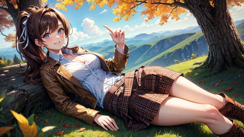 1girl, solo, trees, sun, clouds, autumn, colorful trees, falling leaves, ((brown hair)), ponytail, large breasts, ((brown leather jacket)), button down shirt, ((blue checked shirt)), ((unbuttoned shirt)), unbuttoning buttons, cleavage 1:3, blue eyes, long skirt, brown boots, smile, happy, looking at the viewer, walking, hair ribbon, golden necklate