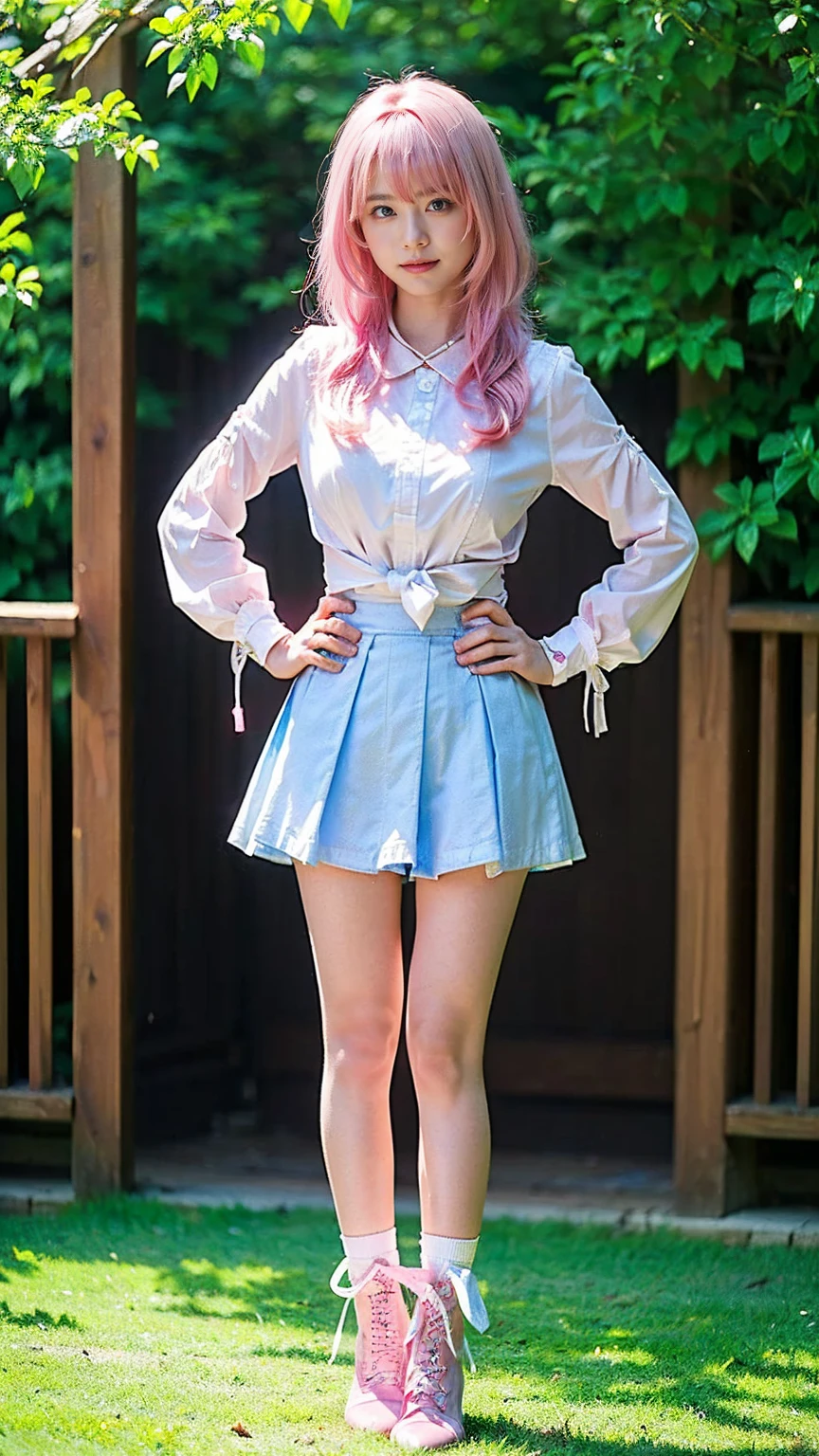 (8k、RAW Photos、Highest quality、masterpiece:1.2)、(Realistic、Realistic)、1 girl、((white、pink、light blue、mini skirt、pinkの髪、Breast enlargement、boots、ribbon、Thin legs、whole body、View from the front、Looking into the camera、ribbon、garden、See-through、Stand with hands on hips))、cute