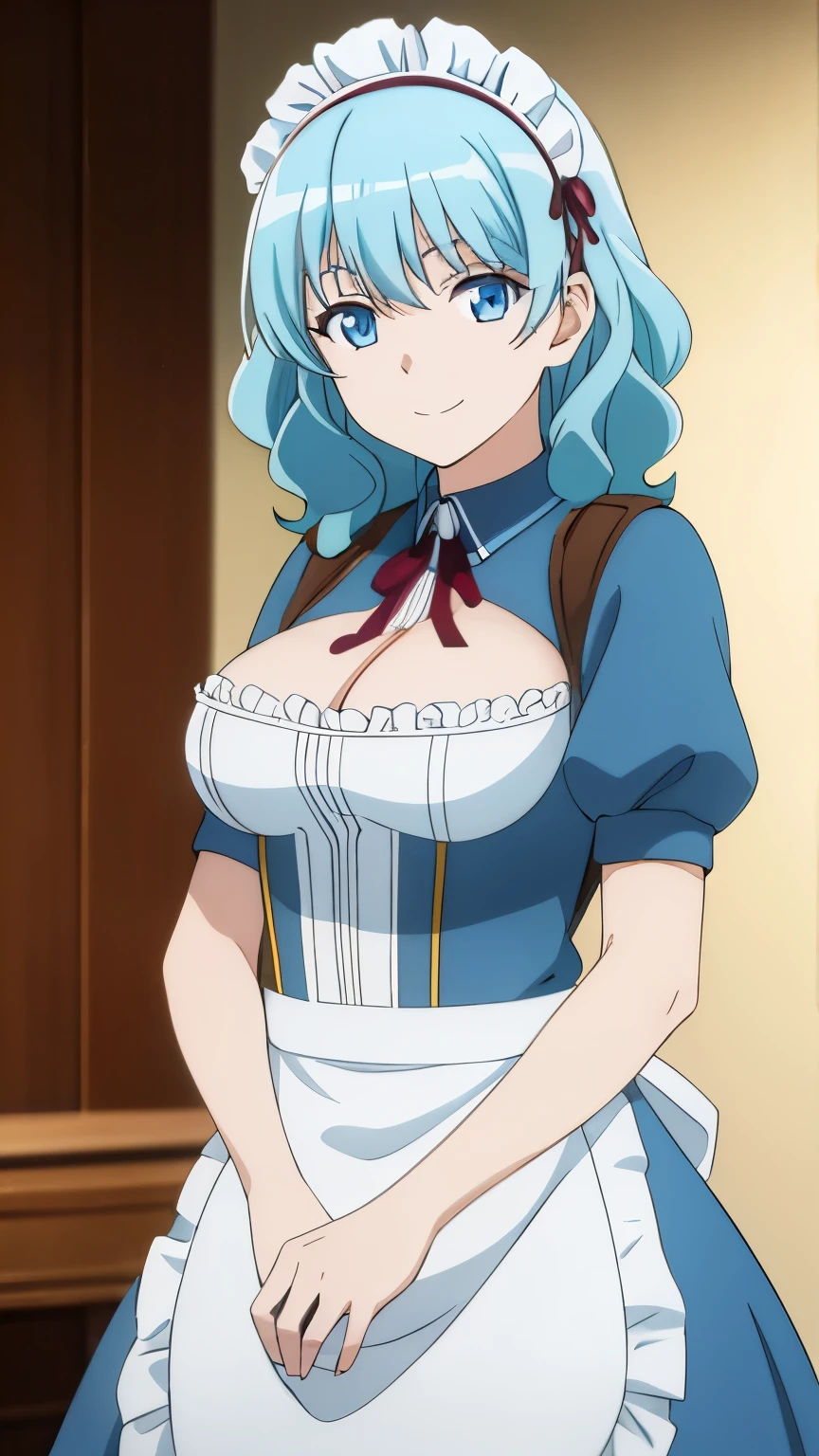 (masterpiece, best quality, high resolution, 8k:1.2), Anime Coloring, ((ultra-detailed)), beautiful detailed eyes, extremely detailed face, perfect lighting, extremely detailed CG, perfect hands, perfect anatomy, perfect body, perfect hands, perfect fingers highres, cinematic lighting, atmospheric lighting, Lyria, Girl, Light blue hair, Medium hair, Wavy hair, Blue eyes, Shining eyes, Thin eyebrows, Large breasts, Maid headdress, Ruffles, Apron, Cleaving, smile, looking at viewer, Cowboy shot,