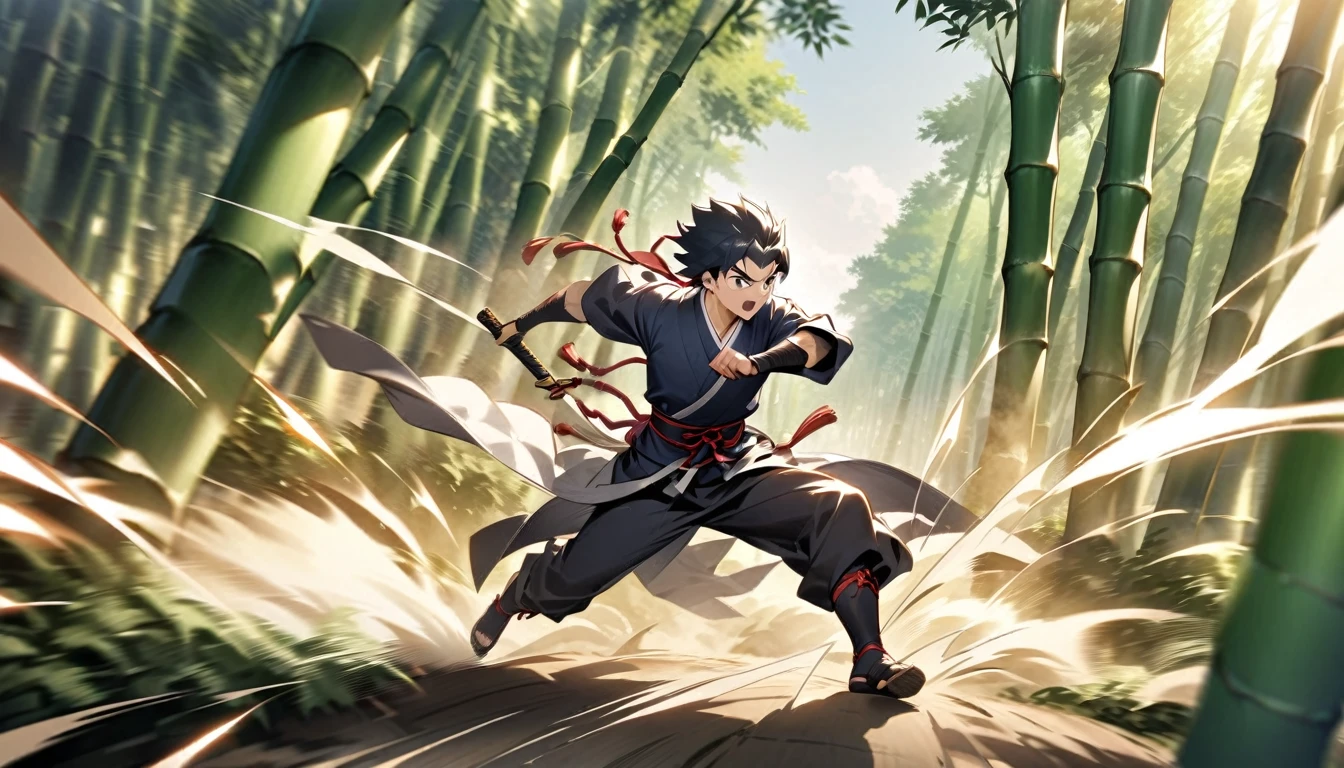 The moment when Ishikawa Goemon shows off his ninja skills。The background is a bamboo forest、He is depicted moving quickly.。A scene with a sense of speed, like cutting through the wind