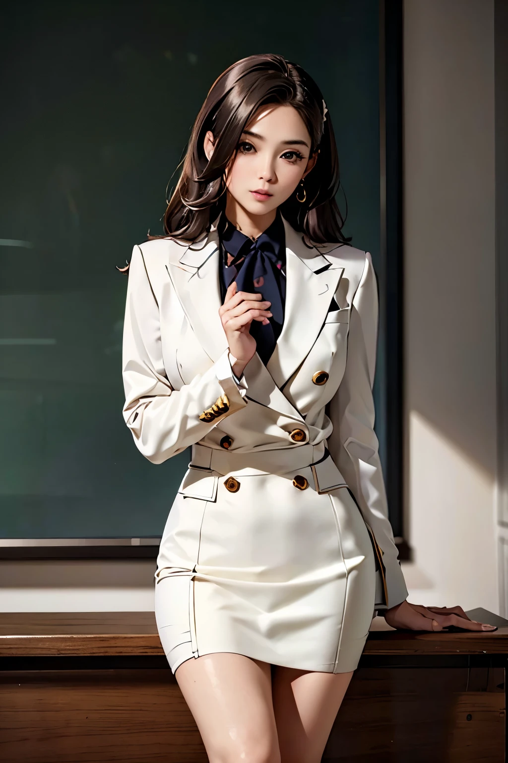 Masterpiece(1.4)，Highest quality(1.5)，Highest quality，8k、16K，wallpaper，Ultra-high resolution，Extremely detailed，Japanese，Beauty，sexy，glamorous，Perfect Style，teacher，School classroom，business suit，White shirt，Tight Skirt，pumps，(A teacher checking attendance at a classroom podium in front of the blackboard, holding an attendance book)，