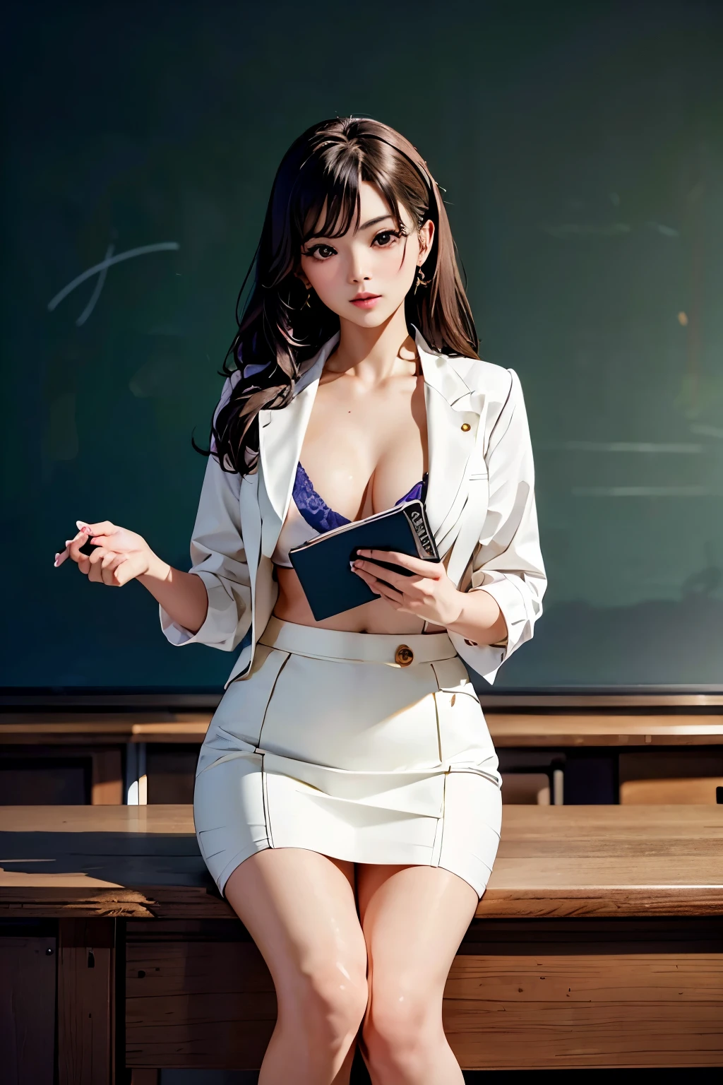 Masterpiece(1.4),Highest quality(1.5),Highest quality,8k、16K,wallpaper,Ultra-high resolution,Extremely detailed,Japanese,Beauty,y,glamorous,Perfect Style,teacher,School classroom,business suit,White shirt,Tight Skirt,pumps,(A teacher checking attendance at a classroom podium in front of the blackboard, holding an attendance book),