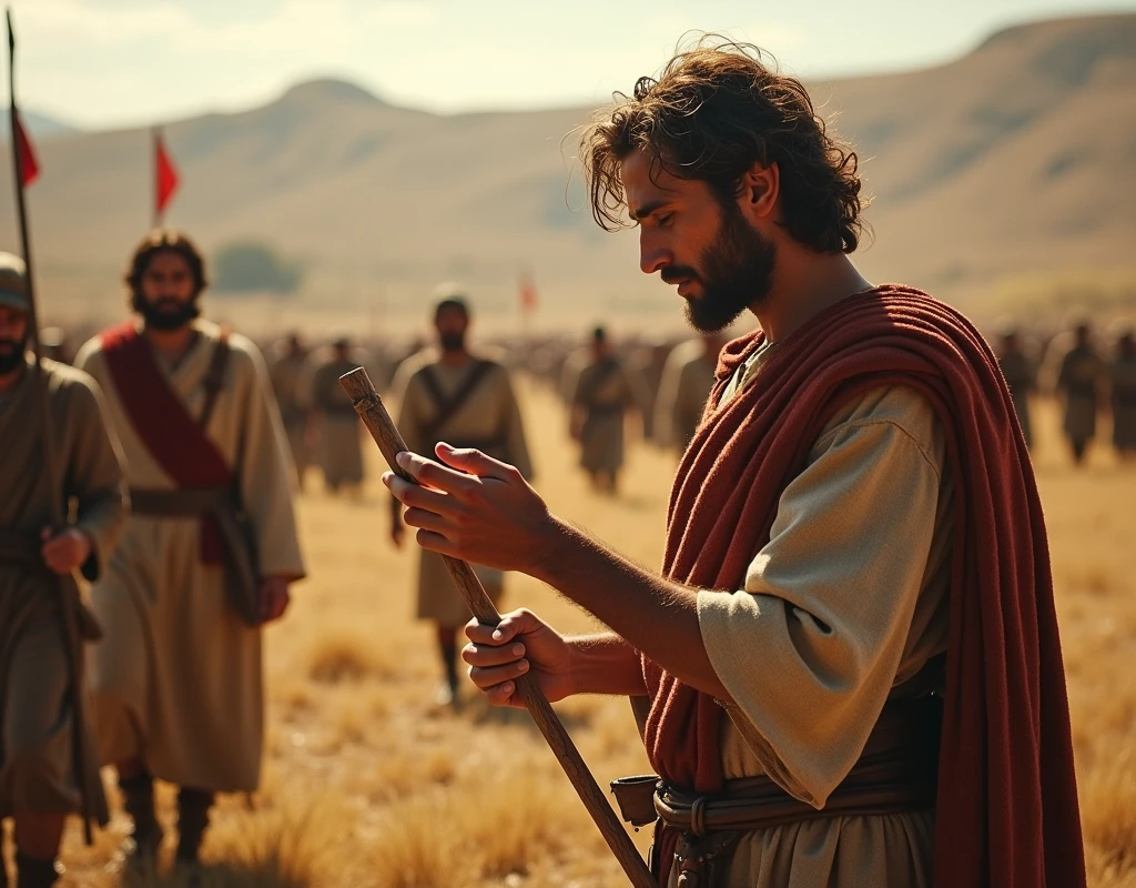 David Choosing His Sling and Stones Main Scene: Davi, now in a more informal environment, is refusing Saul's armor and opting for his sling and stones. He may be holding the sling with confidence, with an expression of determination and faith.
Davi: Wear shepherd's clothes, without Saul's armor. He should look relieved and confident as he chooses his sling., reflecting his decision to trust in his abilities and divine help rather than the armor.
context: The scene could be in a field or an area near the camp., where David is preparing to face Goliath. The background may show a view of the battlefield in the distance., with soldiers and preparations.
atmosphere: The image may have inspiring lighting, focusing on David's determined expression. There may be a sense of clarity and hope, contrasting with the tension of the battle to come.
Additional Detail: Show the sling and stones clearly, perhaps with a small pile of stones next to David. David's posture must be confident and resolute., highlighting his decision to fight with what he knows and trusts.