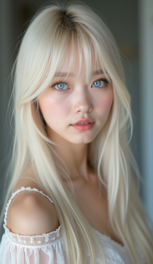 (Close-up:1.4)、(RAW shooting:1.2)、(Photorealistic:1.4)、(masterpiece:1.3)、(Highest quality:1.4)、Bright expression、Very beautiful girl、Extraordinary beautiful girl、A cute and beautiful face down to the last detail、Beautiful Bangs、Glowing White Skin、Facial hair、Bangs on the face、Bangs between the eyes、Super long hair、Glamorous light and dark platinum blonde super long straight silky hair、Beautiful bright transparent light blue big eyes that are charming and shining、Gorgeous dress、double eyelid、Ample breasts、Upper body、