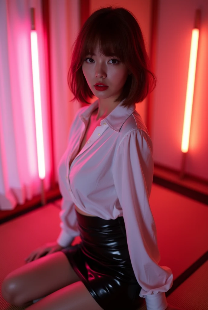 ((Japanese sexy idol)) Gal Mature Woman ((Plump, bright red lips with lipstick)) Big Breasts Duck mouth ((Short brown hair with bangs)) ((Looking into the camera)) Sit with your legs apart ((White button shirt and black enamel tight skirt)) Low-angle shot of a person standing facing forward look down ((A bedroom with shoji and tatami mats lit up in pink neon lights))