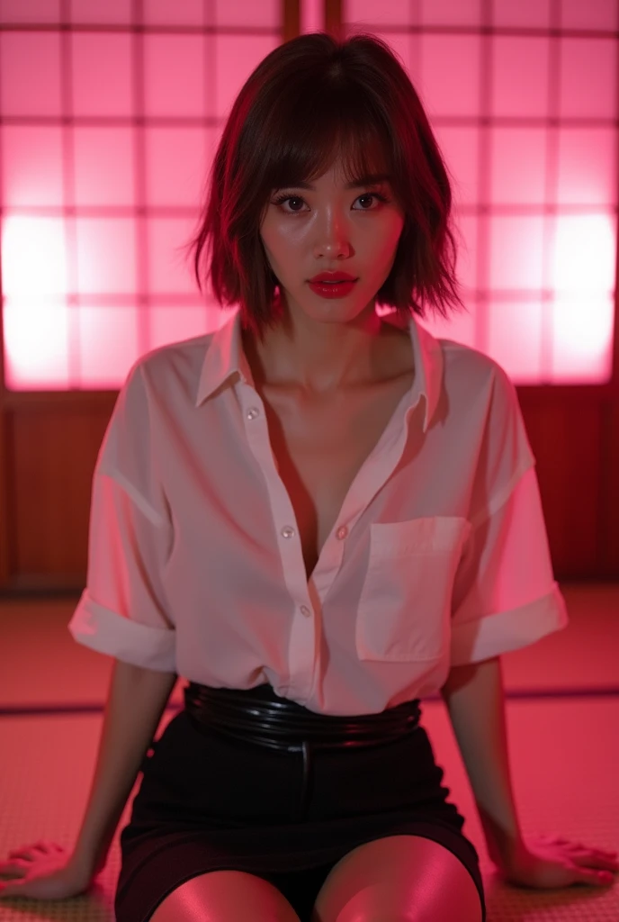 ((Japanese sexy idol))　Gal　Mature Woman　((Plump, bright red lips with lipstick))　Big Breasts　Duck mouth　((Short brown hair with bangs))　((Looking into the camera))　Sit with your legs apart　((White button shirt and black enamel tight skirt))　　Low-angle shot of a person standing facing forward　look down　((A bedroom with shoji and tatami mats lit up in pink neon lights))　