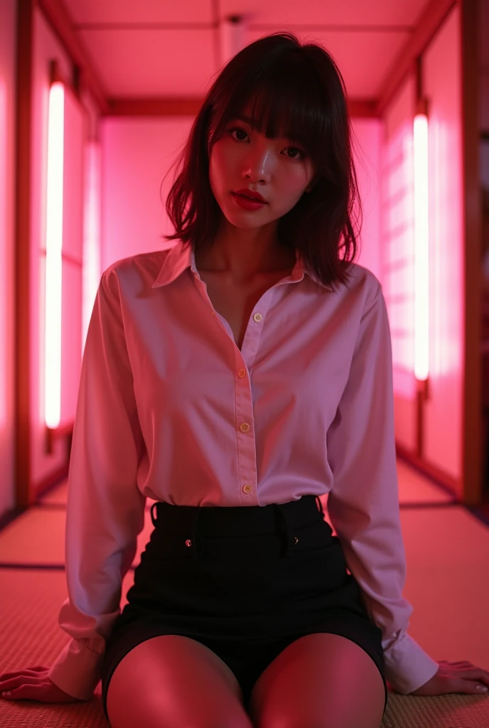((Japanese sexy idol)) Gal Mature Woman ((Plump, bright red lips with lipstick)) Big Breasts Duck mouth ((Short brown hair with bangs)) ((Looking into the camera)) Sit with your legs apart ((White button shirt and black enamel tight skirt)) Low-angle shot of a person standing facing forward look down ((A bedroom with shoji and tatami mats lit up in pink neon lights))