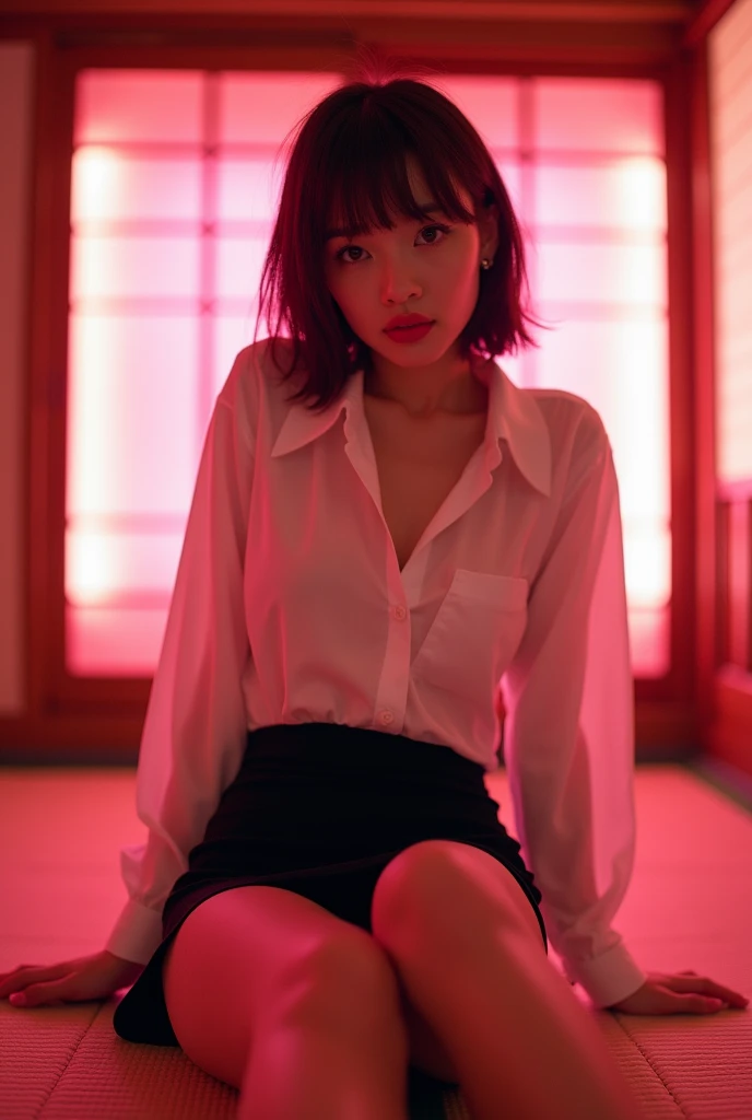 ((Japanese sexy idol))　Gal　Mature Woman　((Plump, bright red lips with lipstick))　Big Breasts　Duck mouth　((Short brown hair with bangs))　((Looking into the camera))　Sit with your legs apart　((White button shirt and black enamel tight skirt))　　Low-angle shot of a person standing facing forward　look down　((A bedroom with shoji and tatami mats lit up in pink neon lights))　