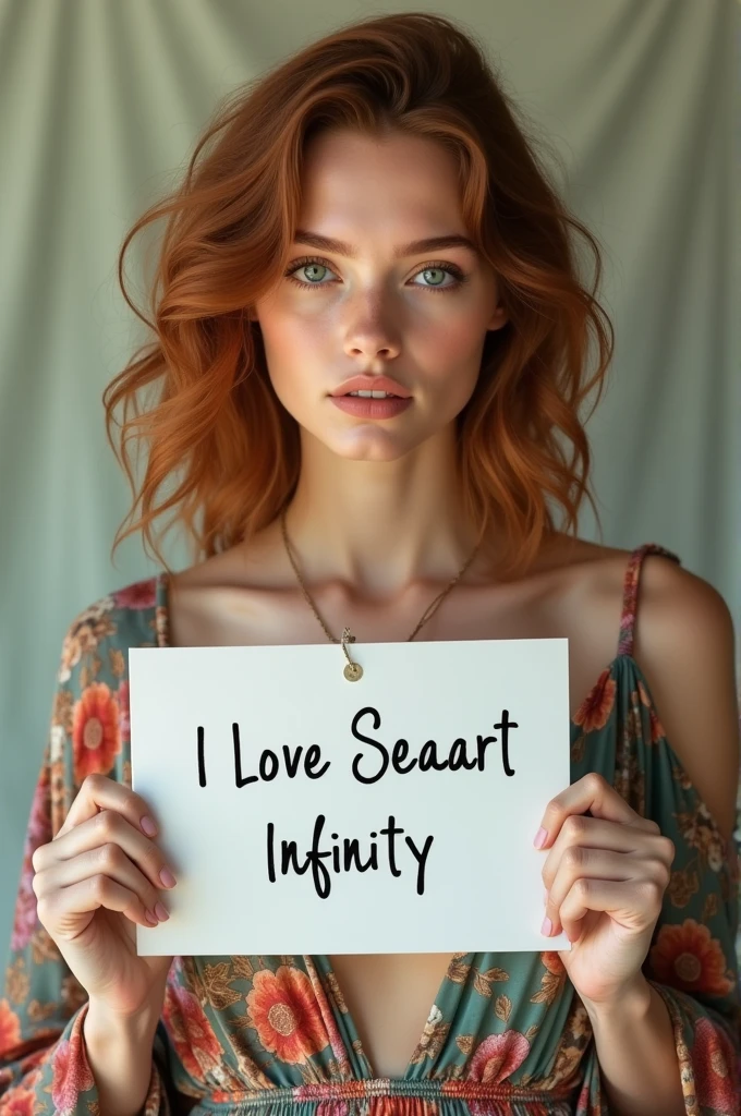 Beautiful girl with wavy long hair, bohemian dress, holding a white board with text "I Love Seaart Infinity" and showing it to the viewer