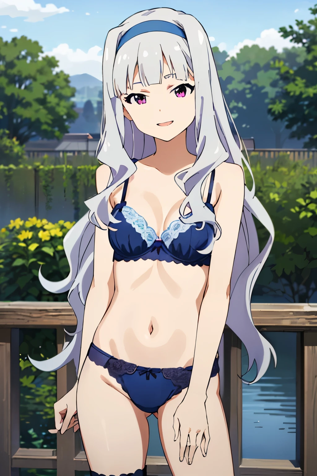 (masterpiece)、(Highest quality), (Takane Shijou) One Girl, purple eyes, Beautiful Eyes, Gray Hair, long hair, hairband, (Blue Satin bra), (Blue Satin panties)、smile,  (Blue color lingerie)、Black Stocking, standing, Spread  legs, Cowboy Shot, garden