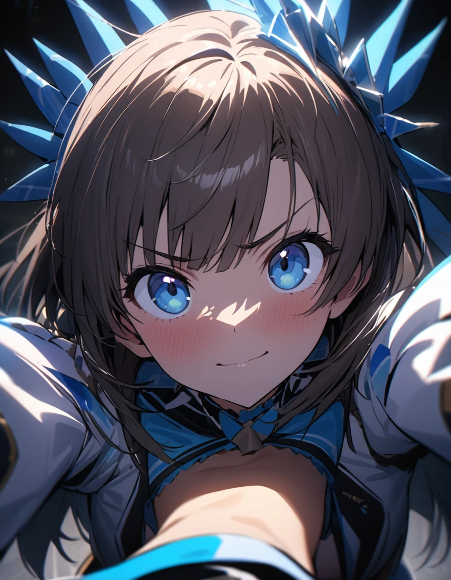 (shimamura uduki), cool, dramatic pose, (masterpiece, best quality, ultra detailed), (cinematic lighting), blue idol costume, (pov, ), (looking at viewer), incoming hug, (extremely close-up of face, ), kindly, gently, perfect anatomy, happy, 