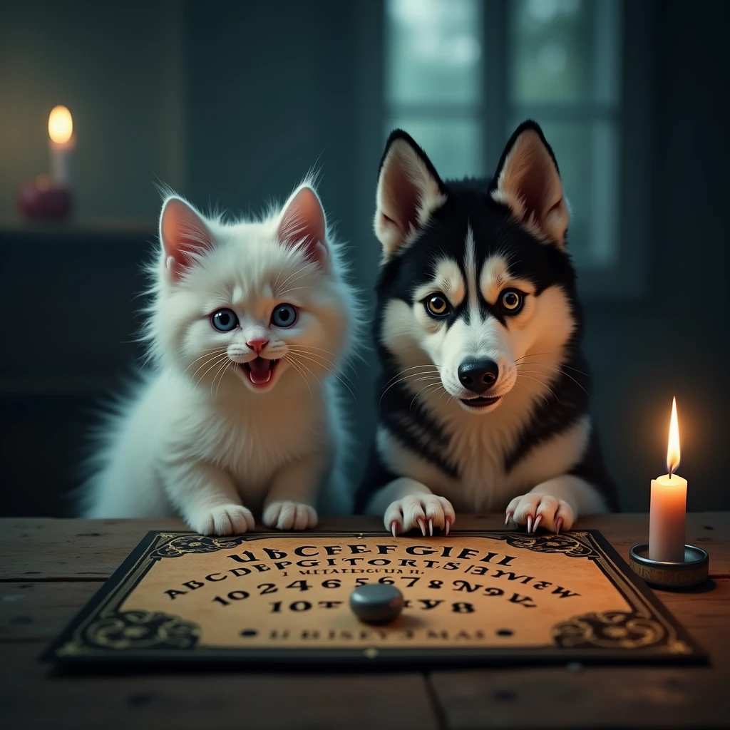 A detailed image of a white fluffy cat and a husky dog sitting next to each other in a dimly lit room, both with wide-eyed, shocked expressions. The cat and dog are staring intently at a Ouija board placed on the table in front of them. The room is dark, with a single candle providing soft, ambient light that casts long shadows. The cat's fur is slightly ruffled, and the husky's ears are perked up, capturing their anxious and curious expressions. The Ouija board is detailed with letters and numbers, and the planchette is slightly tilted, as if it has just moved. The background is blurred to keep the focus on the animals and the Ouija board, adding a mysterious atmosphere to the scene. The shot is a medium close-up, capturing the characters from a front angle. The image should be hyper-detailed, with realistic fur textures, detailed facial expressions, and a high-resolution finish.