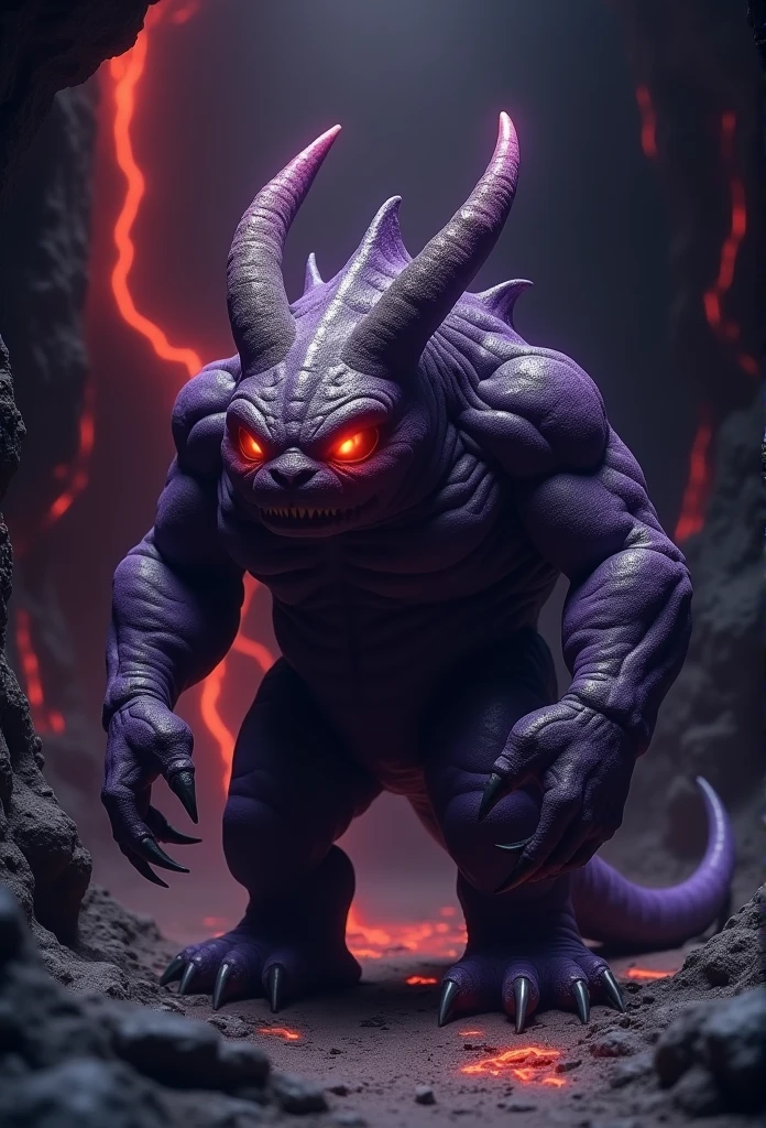 This creature is about 2.5 meters long and weighs over 200 kilograms. It lives deep underground, especially in volcanic regions. The creature's body is covered in dark purple, rock-like scales that absorb light, making it nearly invisible in darkness. Its head has two long, sharp horns, and its eyes glow red with an eerie light. It has short limbs with razor-sharp claws. The setting should be inside a deep, dark cave with faint glowing lava cracks in the background. The overall atmosphere should be ominous and mysterious, emphasizing the creature's fearsome and elusive nature,