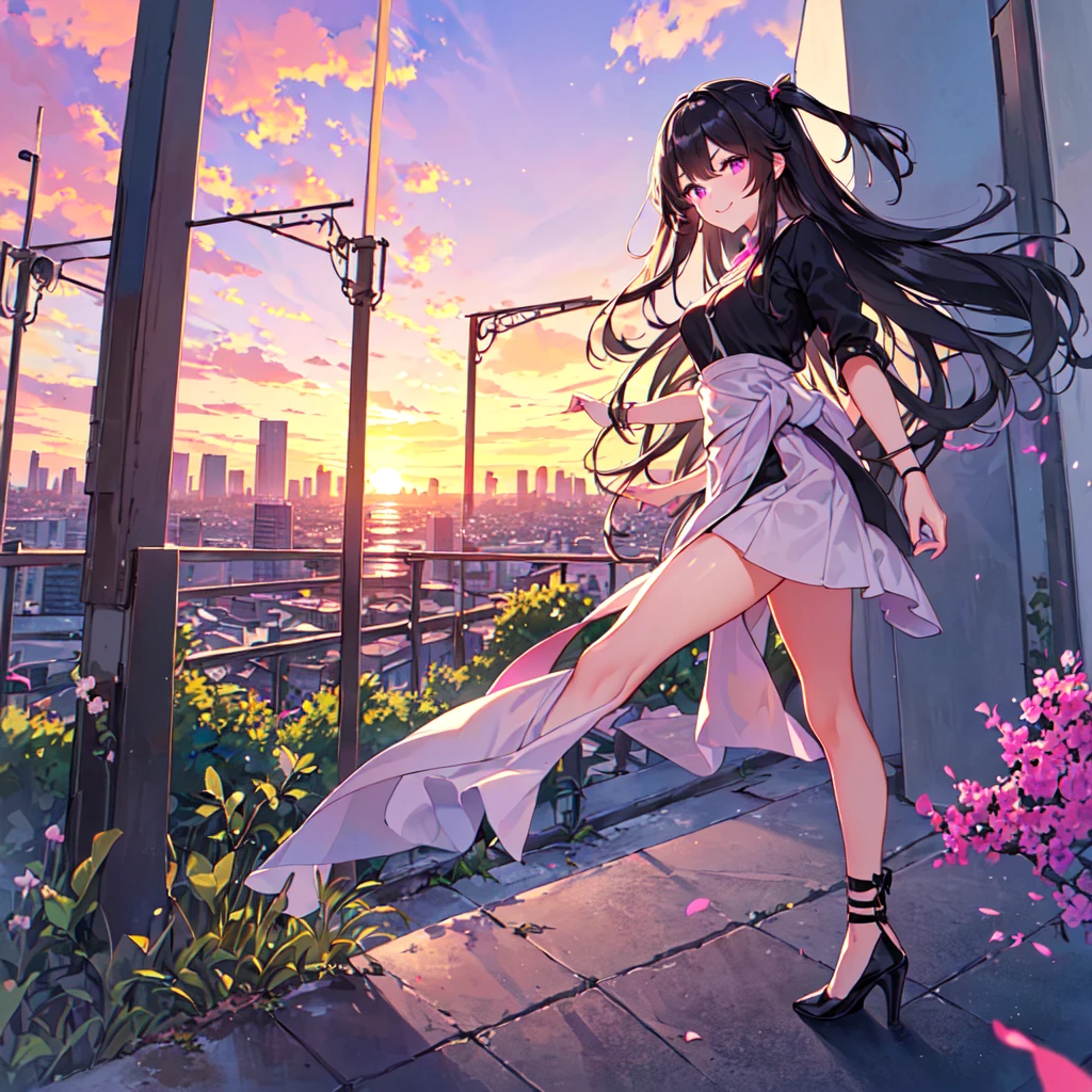 masterpiece, best quality, high quality, extremely detailed, very delicate and beautiful, (1 female 18 years old, solo: 1.5), (long black hair up to waist with two side up: 1.5), bangs to eyebrows, eyes (eyes sharp, strong, glossy, glossy eyebrows), (eye color magenta:1.3), 6.5 head height, (summer fashion: 1.3), knee socks, lace, frills, (smiling), (walking), (dynamic pose), (looking at city from summer hill: 1.3), (sunset: 1.3)