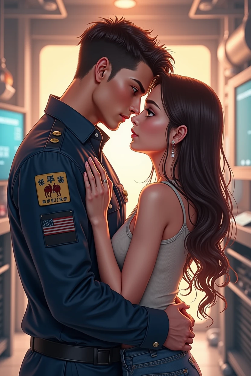 Handsome anime guy wearing an engineering uniform with his girlfriend hugging him