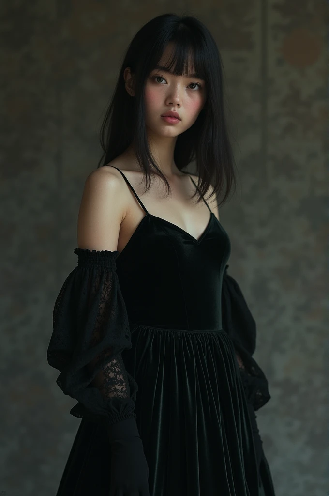 A girl wearing long black velvet flary gown with straight hair and grey eyes