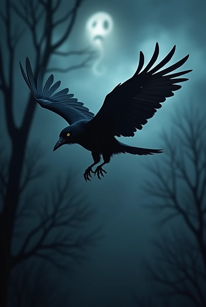 Scary crow at night flying and frightening ghost