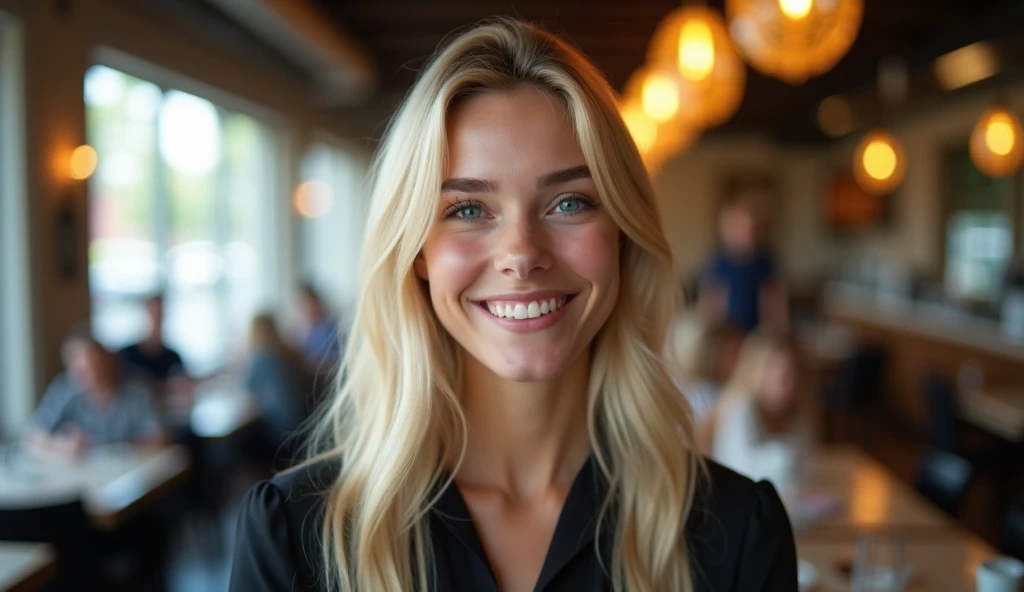 Real professional photography of a beautiful young adult woman, aged 35, with herself as the main subject. She should have fair, almost pale skin with a slight blush on her cheeks, long, straight platinum blonde hair and bright, expressive blue eyes that convey joy and friendliness. Her face should display a soft, friendly smile, creating a welcoming atmosphere. Her lips should be pink and slightly defined. The woman should be looking directly at the camera, with a cheerful and natural expression showing satisfaction in her work. She is wearing a black blouse, made of fine, elegant fabric, which contrasts with her hair and fair skin. The blurred background in the background is showing what appears to be the interior of a restaurant, displaying tables, a counter and people. There is still natural outdoor light coming from a window pane on the side, creating a soft effect and highlighting the texture of her skin and the sparkle of her eyes and contrasting with the artificial lighting of the indoor environment with warm-toned décor, blurred lights and bokeh effects that add a touch of magic to the scene. The photograph must capture extreme detail, with a high-quality rendering in 8k, with professional photographic quality and attention to detail that conveys the realism of a restaurant, introspective atmosphere, bokeh, soft and diffused lighting, natural light.