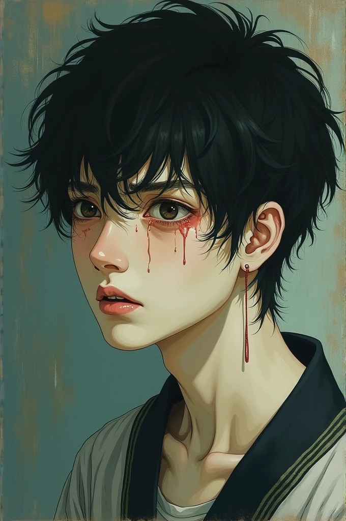 Man with short black hair , clear skin , burns in sunlight , and he's crying, era taisho