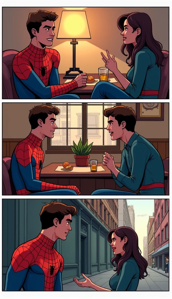 storyboard of Peter Parker late 20s sitting with Mary Jane late 20s talking and laughing, one at home, one at the theater, and the last one on a New York street, holding his right hand, comics style, modern style.