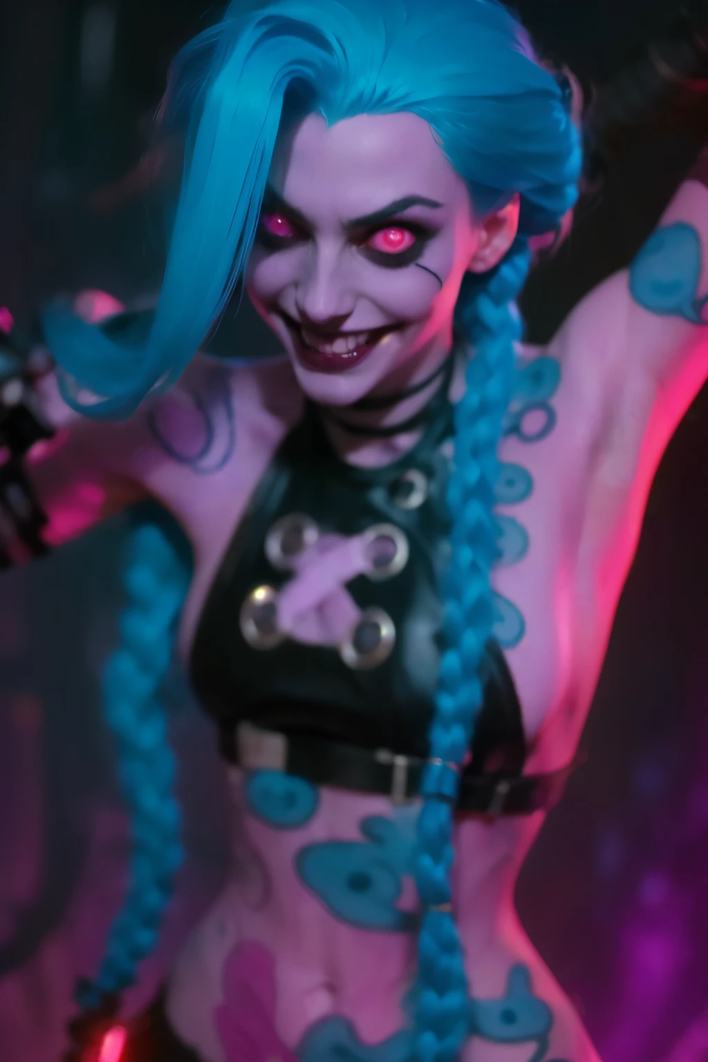 Hyper realistic super detailed Jinx cosplay ,((  girl, 15 yeVery detailed, (hyper realistic: 1.4), ((in dynamic fight pose)) , ((angry face)) , twin braids, long hair, blue hair, red eyes, (((blue tattoo on arm))) , ((skinny body)) , (((psycho face, creppy smiling) )), arcane style. ((Grunge Neon grafitti background, cinematic lighting)).