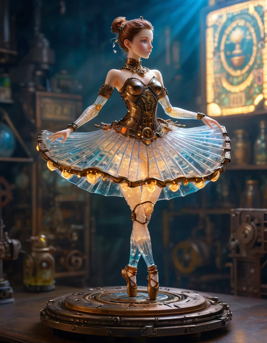 8k, hyperrealism,photorealistic painting, studio quality, delicate micro mecanical translucent ballerina  glass fullbody  standing on a glowing pedestal , light sparkling eyes, , mechanical parts, led glowing , scaly gelatinous mosaic armor, translucent glass skin , intricate  , 1.8 Canon 100mm F2.8background old steampunk toy shop, dust, nightime texture