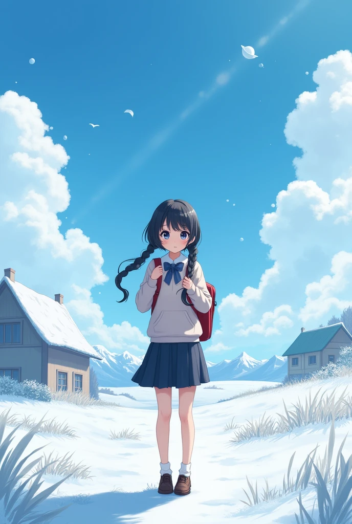 (alone:1.5),1 girl\(very cute,Soft Skin,(Girl:2.0),Dark Eyes,(12 years old),Black Hair,Shiny Hair,Braided twin tails,skirt,school bag\(red \) , Face the camera,Cute Smile,wave hands,whole body,White Breath,rural area,shining white snow,blue sky,Beautiful Clouds,quality\(8k,Highly detailed CG unit wallpaper, masterpiece,High resolution,top-quality,top-quality real texture skin,Surreal,Increase the resolution,RAW Photos,最高quality,Very detailed,Cinema Lighting,Ray Tracing,)