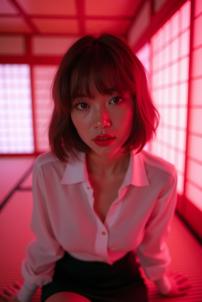 ((Japanese sexy idol))　Gal　Mature Woman　((Plump, bright red lips with lipstick))　Heavy makeup　Big Breasts　Duck mouth　((Short brown hair with bangs))　((Looking into the camera))　Sit with your legs apart　((White button shirt and black enamel tight skirt))　　Low-angle shot of a person standing facing forward　look down　((A bedroom with shoji and tatami mats lit up in pink neon lights))　