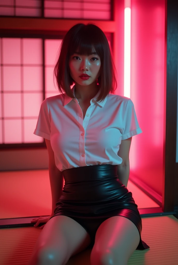 ((Japanese sexy idol))　Gal　Mature Woman　((Plump, bright red lips with lipstick))　Heavy makeup　Big Breasts　Duck mouth　((Short brown hair with bangs))　((Looking into the camera))　Sit with your legs apart　((White button shirt and black enamel tight skirt))　　Low-angle shot of a person standing facing forward　look down　((A bedroom with shoji and tatami mats lit up in pink neon lights))　