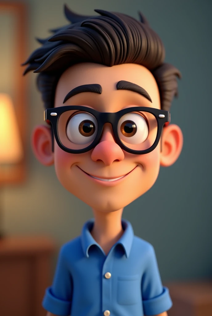 Cartoon character of a man with black glasses and a blue shirt, animation character, Caractere estilizado, animation style rendering, 3D estilizado, Arnold Maya render, 3 d render stylized, toon render keyshot, Personagem 3D, Personagem 3D, 3d rendering stylized, 3 d character render, personagem de desenho animado, Personagem de close up, Pose de personagem, (Estilo Pixar) (master part:1.2) (Bokeh) (best quality) (pele detalhada) (textura detalhada) (8k) (argila) (Cinematic lighting) (foco nítido