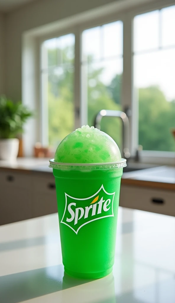A green slush in a Sprite-branded cup. Displayed on a counter in a modern kitchen with large windows showing a garden outside.