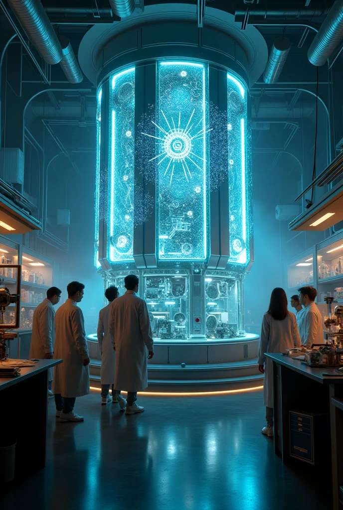A sophisticated machine illuminating a room full of scientists