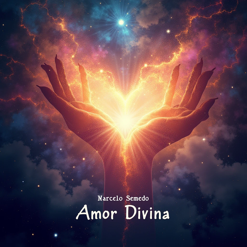 Album cover art for ‘Amor Divina’ by Marcelo Semedo. The design features an intense, high-energy cosmic scene filled with vibrant, swirling galaxies and radiant stars. The universe is portrayed in full motion, with colors bursting and blending into each other. A soft, yet powerful aura surrounds the scene, conveying a divine and otherworldly energy. The title ‘Amor Divina’ is elegantly integrated into the design, glowing with a warm light. The overall style is artistic, dynamic, and full of life, capturing the essence of divine love and cosmic power.