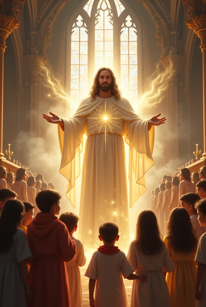 Create an image of God next to many children in the church