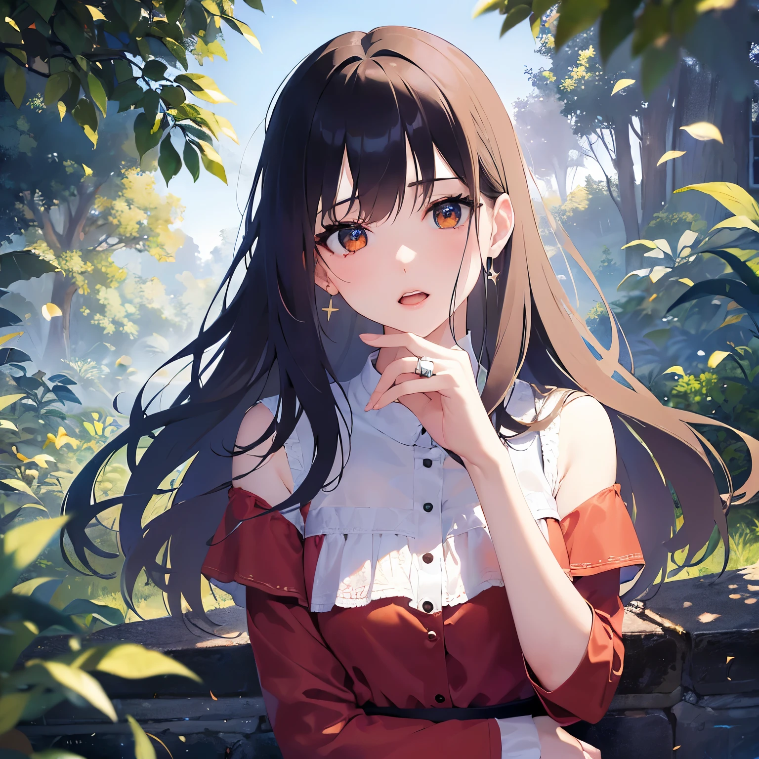 (looking at viewer:1.5)Upper Body,(ring:1.5), head tilt,(hand on own chin:1.5),
Realistic, real person, (pale skin: 1.2), RAW photo, photorealistic, shiny skin, shiny hair、
(A 25-year-old woman with medium-length hair and bangs) and (wavy hair) and (brown hair) and (orange eyes),
Red dress、expressionless,open mouth