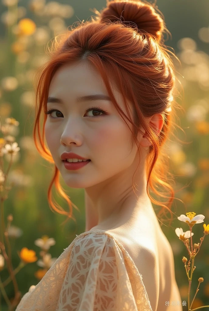 Softly lit redhead, adorned with a perfect bun and radiant smile, fills the medium shot with elegance. Golden petals and green flowers weave intricate patterns against the serene backdrop of the moon, evoking the styles of South Korean Super Star. Warm, golden light accentuates her porcelain skin, while subtle out-of-focus flower bokeh adds a dreamy quality.
