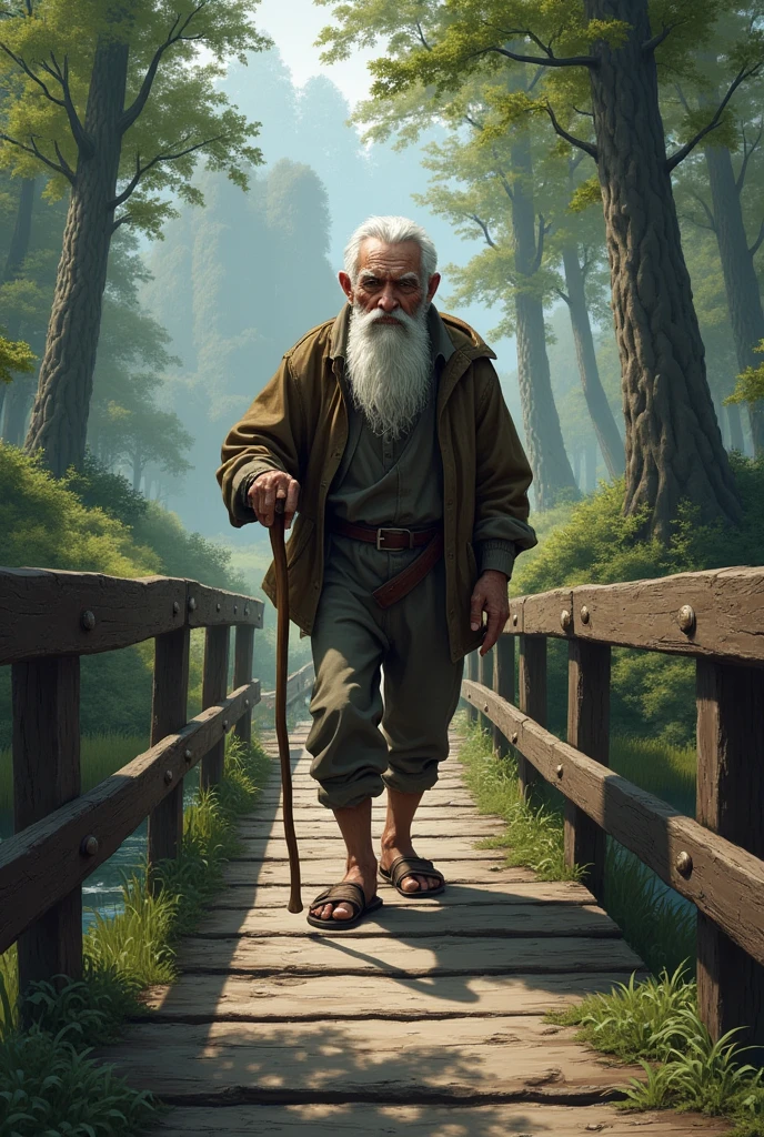 old man climbing wooden bridge