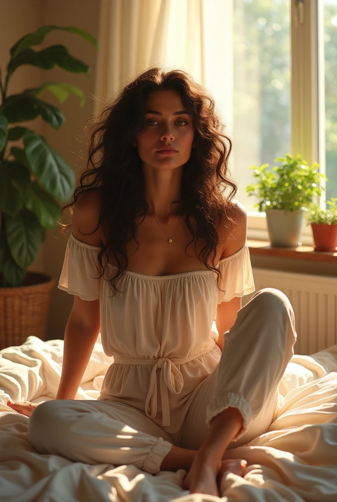 (photorealism:1.2), beautiful woman, sitting on bed, wearing loose off-shoulder top, pajama pants, long curly hair, indoors, soft lighting, plants in background, window with sunlight, cozy room, relaxed pose, realistic, intricate details, warm colors, by Greg Rutkowski, by Alphonse Mucha