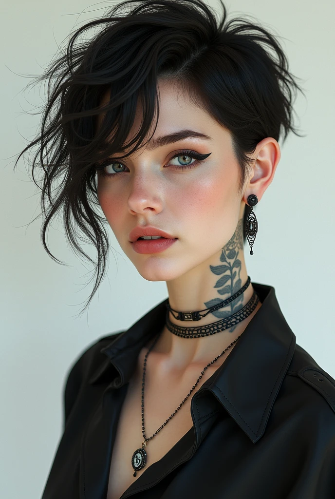 A woman wearing a boyish outfit with have gemini tattoo at her neck