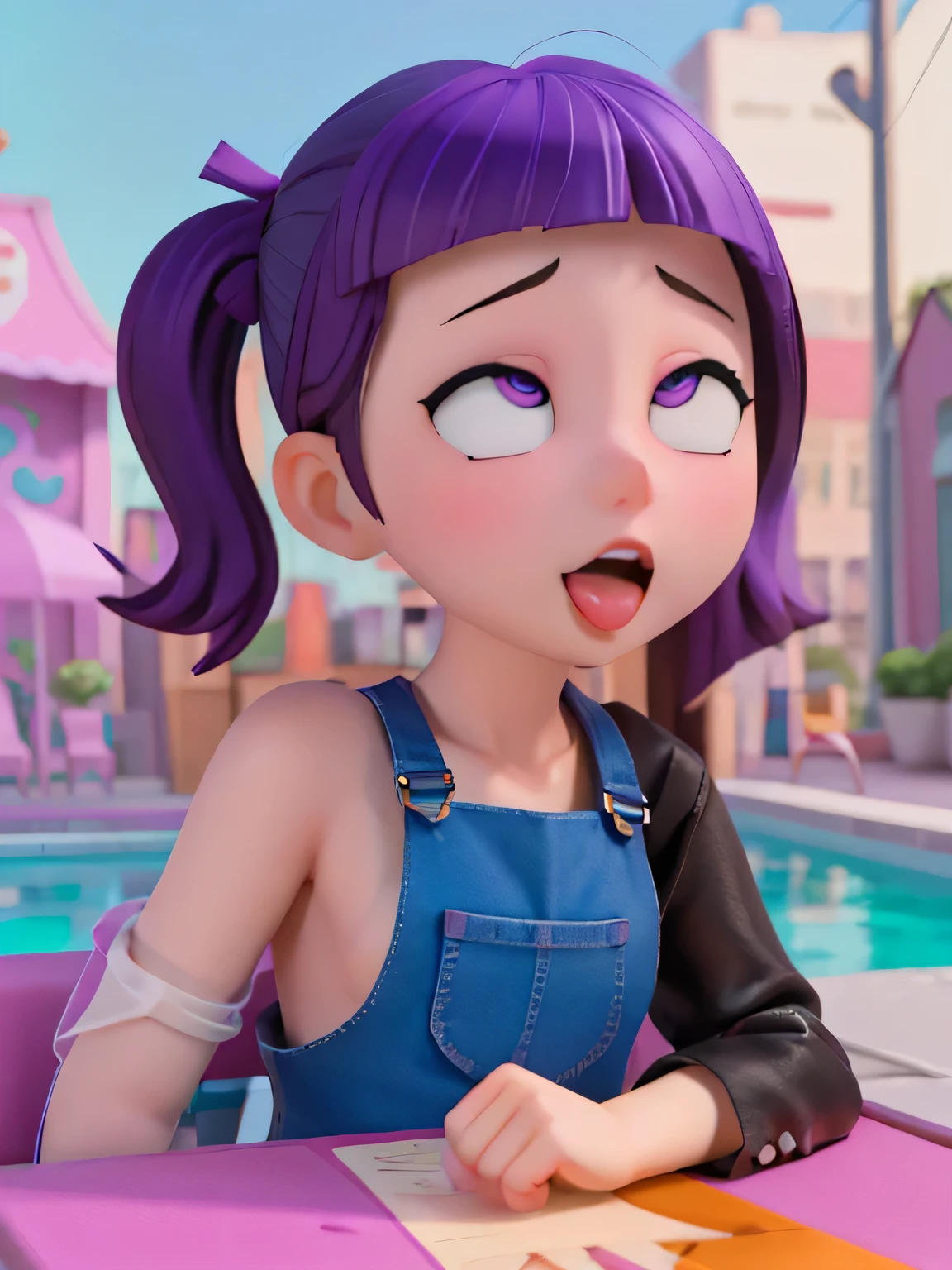 Girl sitting on pool seat, white skin, purple hair, delicate face, fashion illustration, toy core, colorful street scene, black overall, cartoon style rendering, made by Pop Mart: pastel colors, blind box toy, fine gloss, clean background, C4D, blender, 3d rendering. Octane rendering, nude