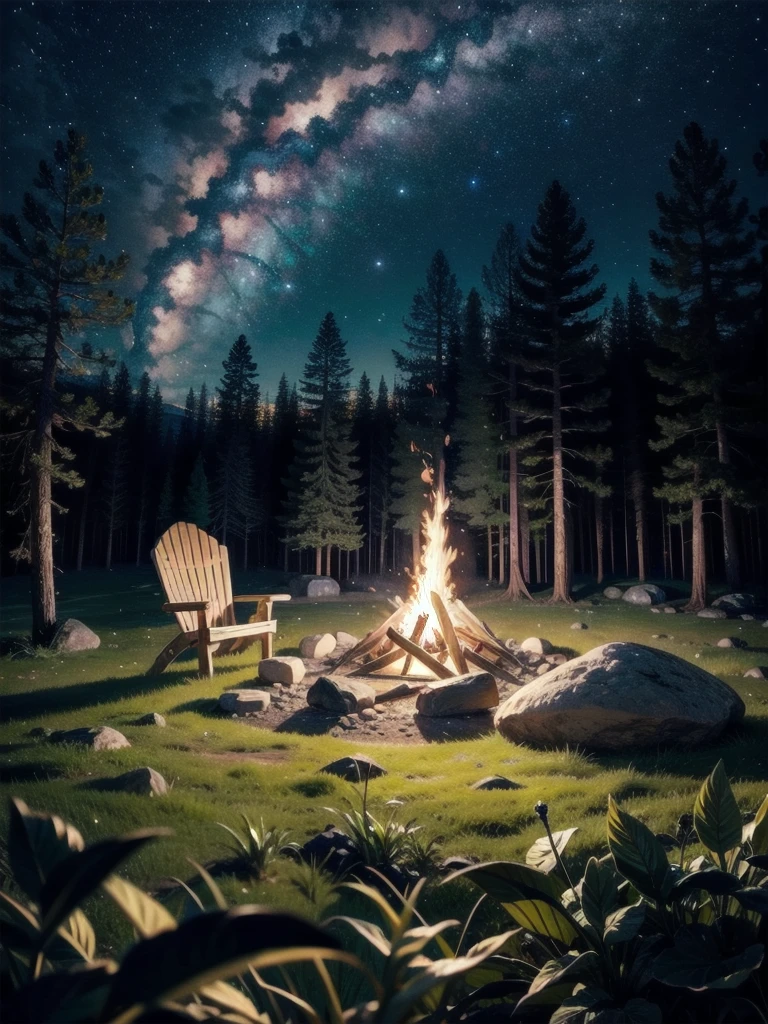 A peaceful forest clearing with a softly glowing campfire under the starry night sky. The forest is rendered with photorealistic detail, with every leaf and blade of grass sharply defined. The warm, flickering light from the campfire adds a cozy ambiance to the serene setting. 4K resolution.