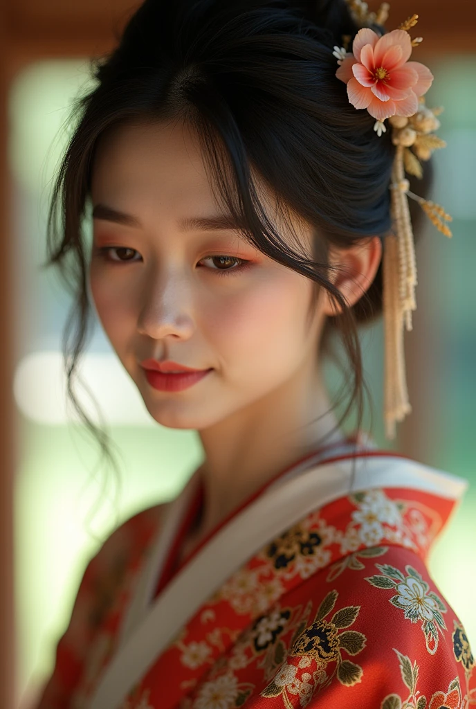 An elegantly dressed Japanese woman in natural light、A close-up of her chest and calm expression.、It shows her inner peace and outer charm.。