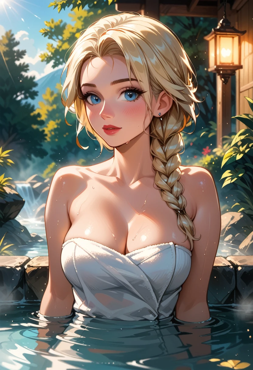 score_9, score_8_up, score_7_up, score_6_up, cinematic film still, 1girl, mature elsa (blonde hair, braid:1.1), (wearing only a white towel:1.3), cleavage, relaxing by hot spring, sweaty, (cinematic lighting:1.2),, shallow depth of field, vignette, highly detailed, high budget, bokeh, cinemascope, moody, epic, gorgeous, film grain, grainy.