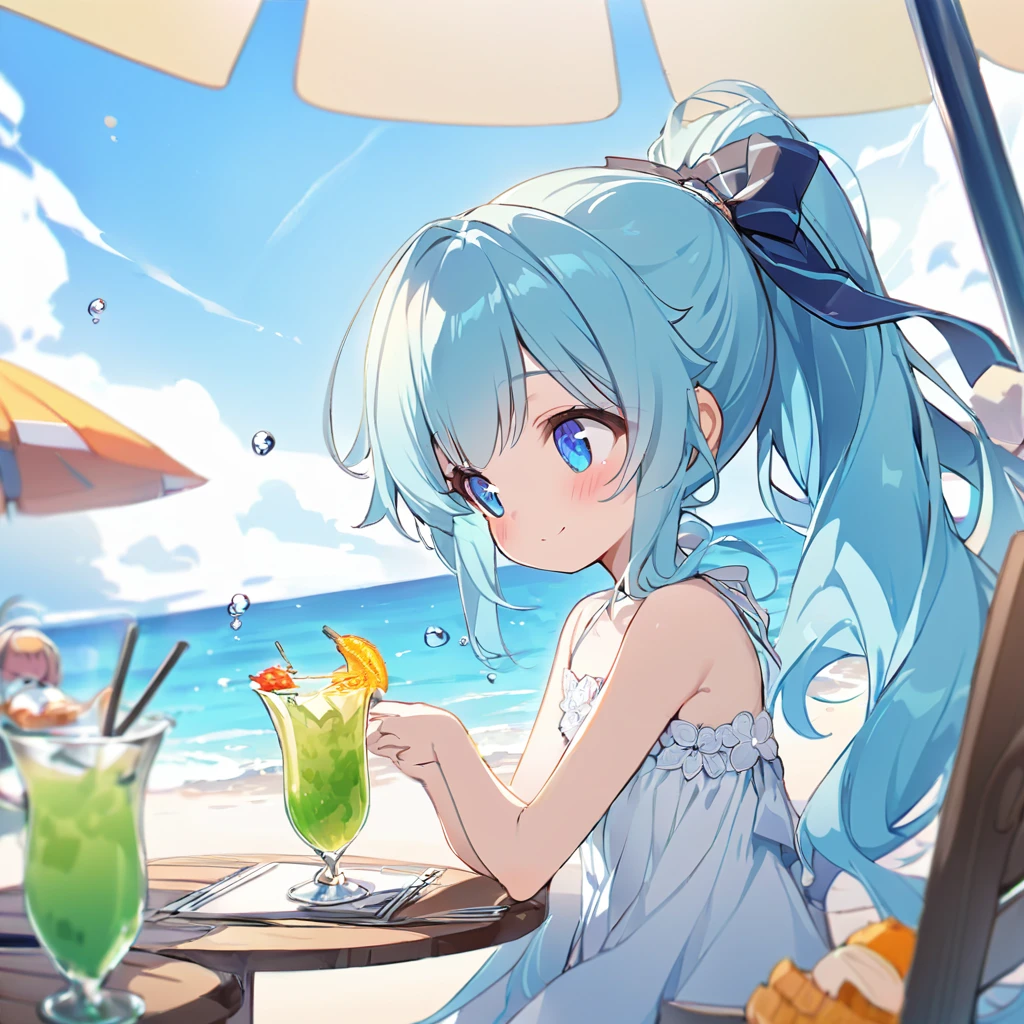 masterpiece, best quality, extremely detailed, (illustration, official art:1.1), 1 girl ,(((( light blue long hair)))), ,(((( light blue long hair)))),light blue hair, , long hair ((blush)) , cute face, big eyes, masterpiece, best quality,(((((a very delicate and beautiful girl))))),Amazing,beautiful detailed eyes,blunt bangs((((little delicate girl)))),tareme(true beautiful:1.2), sense of depth,dynamic angle,,,, affectionate smile, (true beautiful:1.2),,(tiny 1girl model:1.2),)(flat chest)、Seaside, blue eyes, ponytail, White dress, Cafe, Profile, Beach,Beach parasol, Relax, tropical juice, aquamarine hair, water drop、There is fried noodles on the table