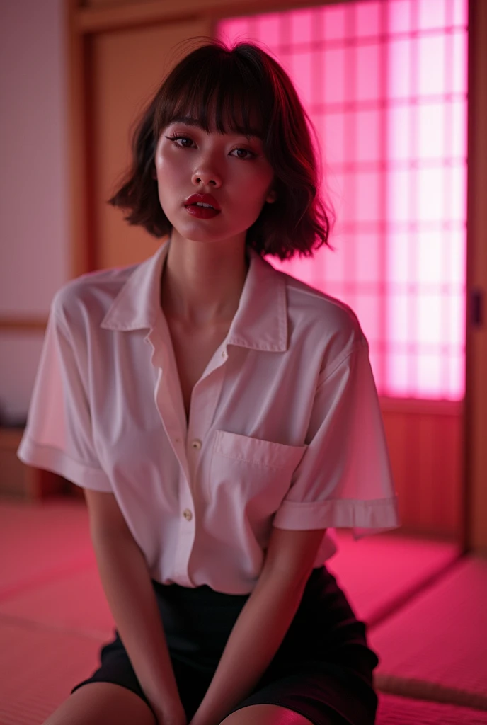 ((Japanese sexy idol))　Gal　Mature Woman　((Plump, bright red lips with lipstick))　Heavy makeup　Big Breasts　Chubby　Duck mouth　((Short brown hair with bangs))　((Looking into the camera))　Sit with your legs apart　((White button shirt and black enamel tight skirt))　　Low-angle shot of a person standing facing forward　look down　((A bedroom with shoji and tatami mats lit up in pink neon lights))　