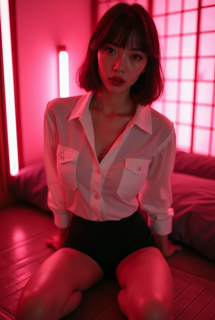 ((Japanese sexy idol)) Gal Mature Woman ((Plump, bright red lips with lipstick)) Heavy makeup Big Breasts Chubby Duck mouth ((Short brown hair with bangs)) ((Looking into the camera)) Sit with your legs apart ((White button shirt and black enamel tight skirt)) Low-angle shot of a person standing facing forward look down ((A bedroom with shoji and tatami mats lit up in pink neon lights))