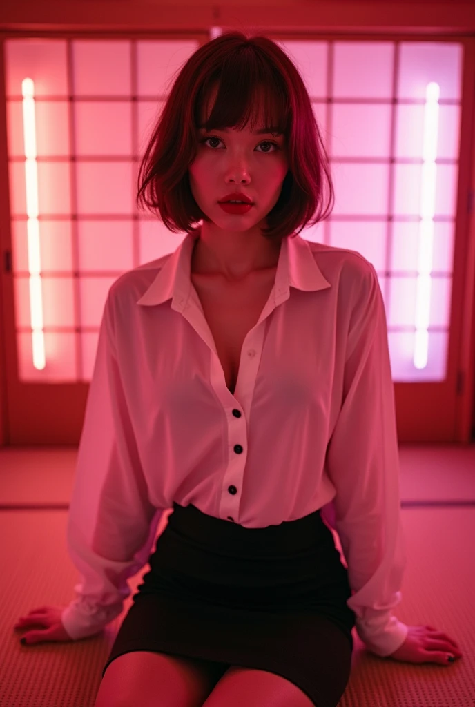 ((Japanese sexy idol)) Gal Mature Woman ((Plump, bright red lips with lipstick)) Heavy makeup Big Breasts Chubby Duck mouth ((Short brown hair with bangs)) ((Looking into the camera)) Sit with your legs apart ((White button shirt and black enamel tight skirt)) Low-angle shot of a person standing facing forward look down ((A bedroom with shoji and tatami mats lit up in pink neon lights))