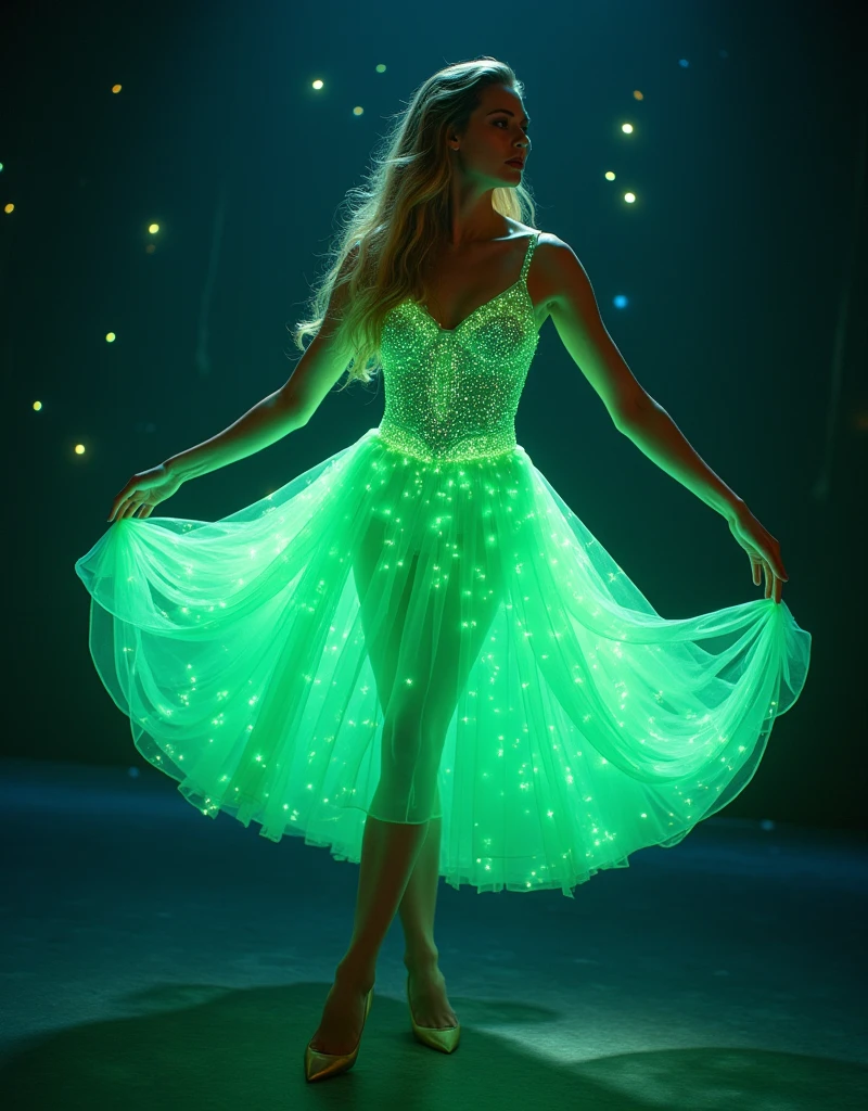hyperealistic photo A full body shot of A beautiful blonde woman, A ballerina in a glowing green neon dress dancing, glowing and sparkling, a magical atmosphere, a starry night sky background, stars shining, beautiful legs, a perfect body shape, cute face features, hyper realistic., ultra-realistic photograph captured, high-resolution 8k quality ,detailed face, 8k